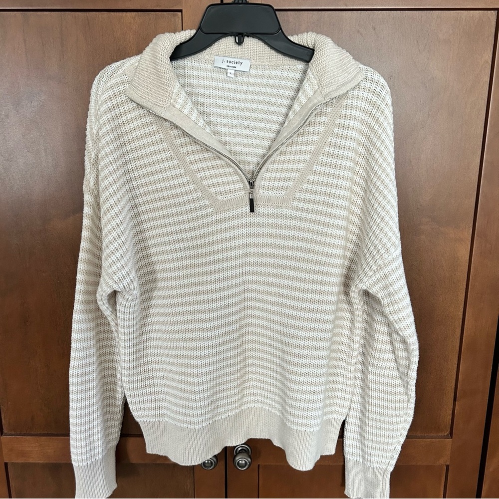 Cozy Cream V-Neck Sweater with Half-Zip